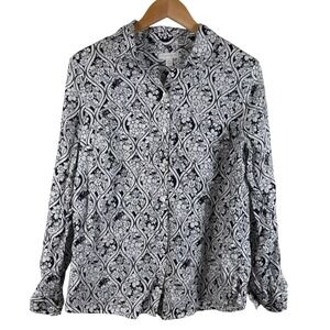 CHARTER CLUB Button-Up Blouse Women's Size M Navy Linen‎ Floral Long Sleeve Top